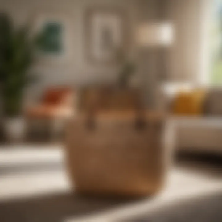The Ombre Seagrass Amelia Tote Basket placed in a stylish living room setting.