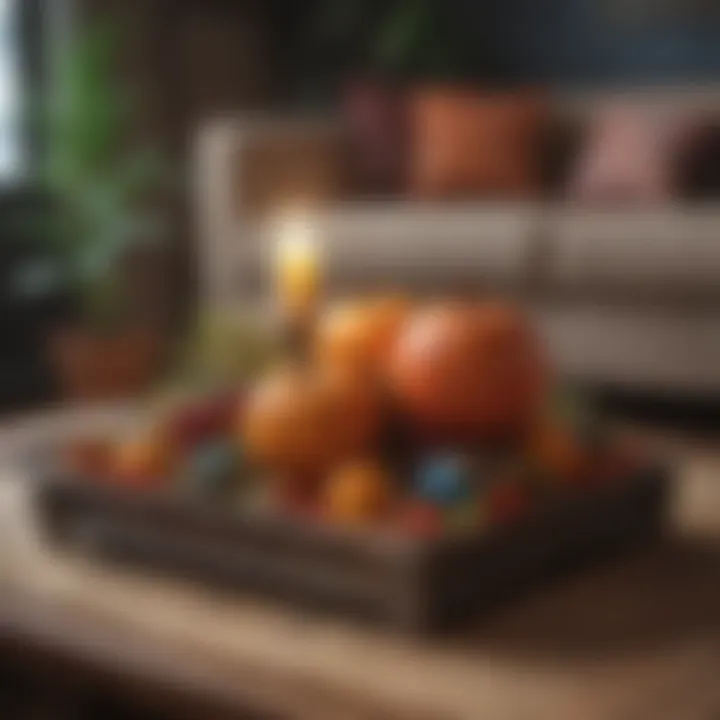 Colorful ottoman tray displaying a seasonal centerpiece