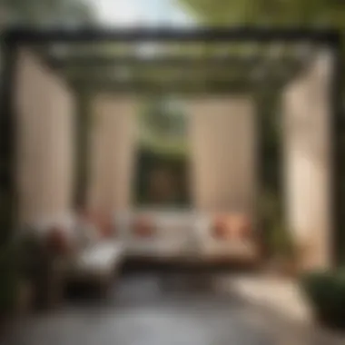 Cozy Outdoor Seating Area Under a Pergola with Curtains Cozy outdoor seating area under a pergola with fabric curtains