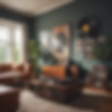 Vintage vinyl records displayed in a retro living room