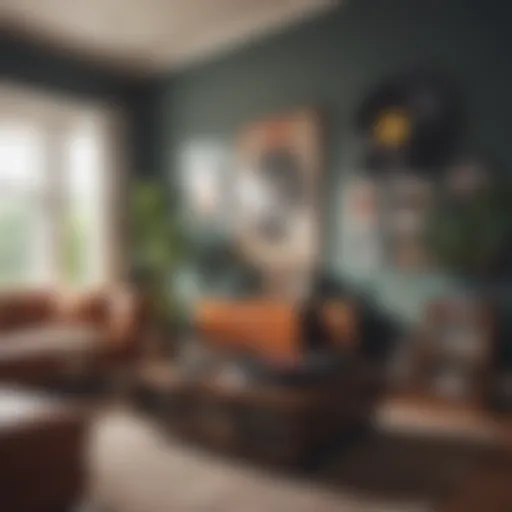 Vintage vinyl records displayed in a retro living room