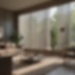 Elegant living room featuring scenic vertical blinds