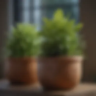 A close-up of healthy small plants in decorative pots, showcasing their unique textures