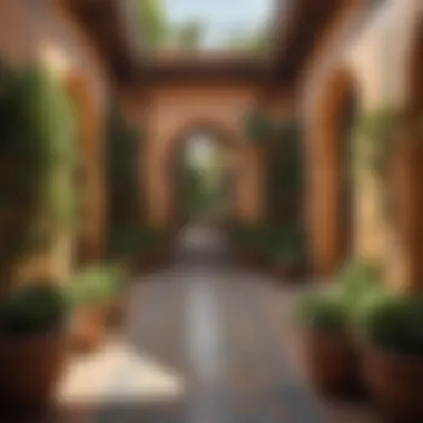 Vibrant Courtyard with Lush Greenery Vibrant Spanish courtyard showcasing lush greenery and intricate tile work