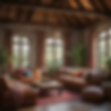 Richly textured living room featuring rustic wooden beams and colorful textiles