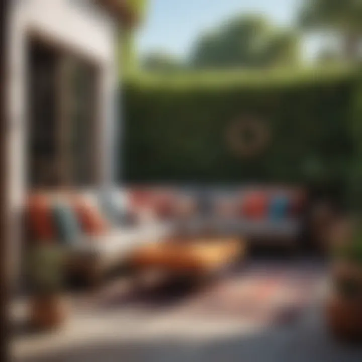 Cozy outdoor space seamlessly integrated with indoor design, featuring colorful cushions