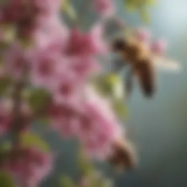 Close-up of a bee pollinating a flowering tree, emphasizing ecological balance.