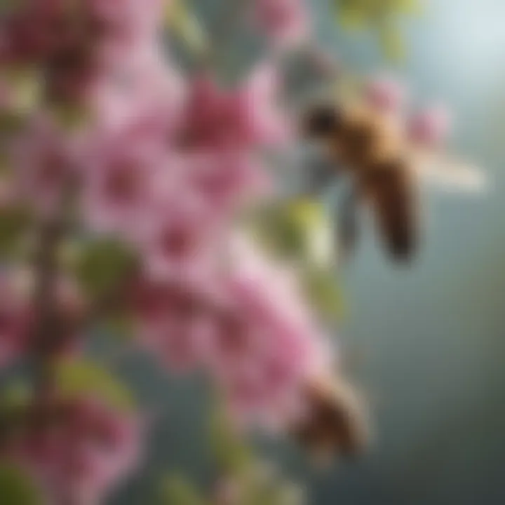 Close-up of a bee pollinating a flowering tree, emphasizing ecological balance.