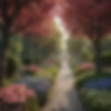 Landscape design incorporating flowering trees with shrubs and pathways.
