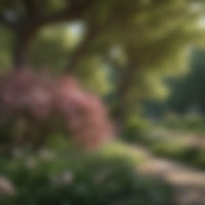 A serene landscape featuring a variety of flowering trees in a garden.