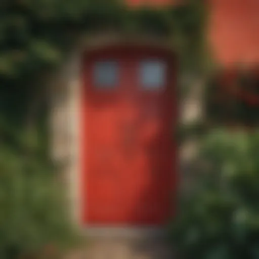A vibrant red door contrasting with a serene landscape
