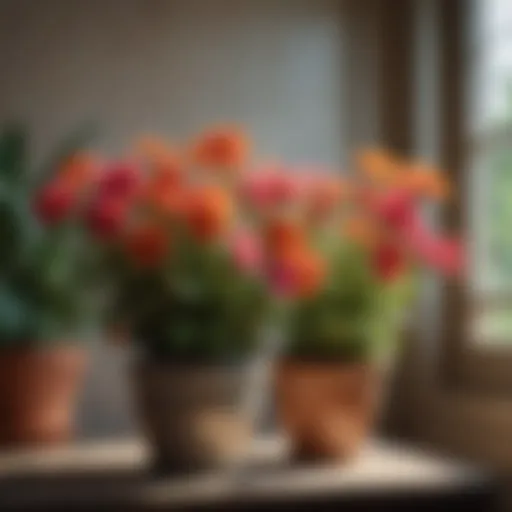 A vibrant display of assorted potted flowers in a sunlit room