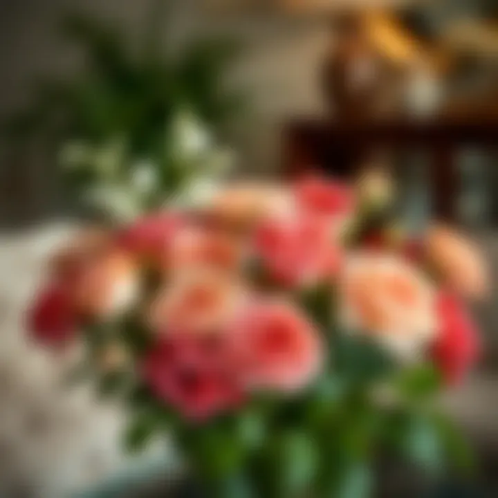 An elegant indoor arrangement featuring fresh scented roses as a focal point.