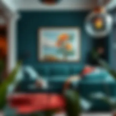 Eclectic interior design featuring velvet couch and artwork