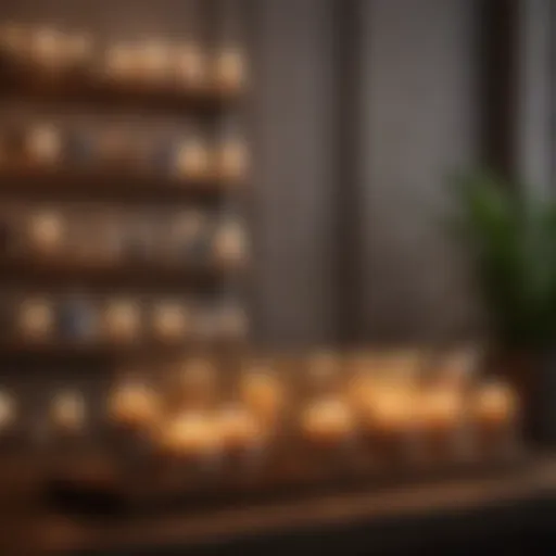 A collection of artisan candles displayed elegantly on a wooden shelf