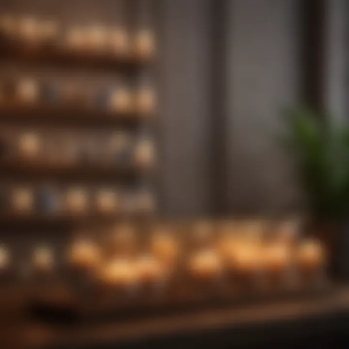 A collection of artisan candles displayed elegantly on a wooden shelf