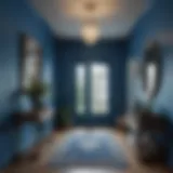 A vibrant entryway painted in bold blue tones.