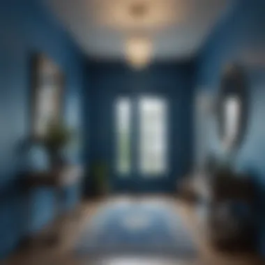 A vibrant entryway painted in bold blue tones.
