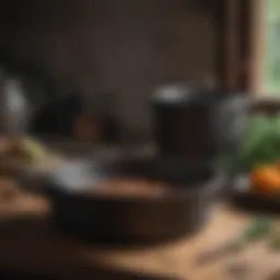 Rustic cast iron pot with a wooden handle