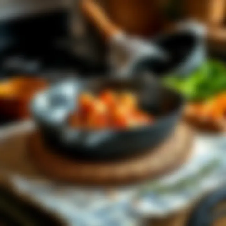 A well-maintained iron skillet with cooking essentials around it