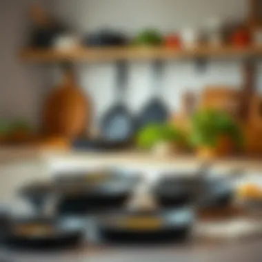 Different sizes of iron skillets displayed in a modern kitchen environment