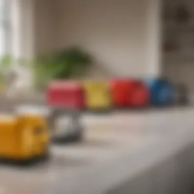 A variety of toasters lined up, demonstrating different styles and colors.