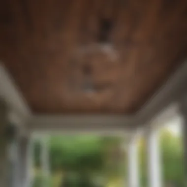 A serene outdoor space with a wood porch ceiling enhancing its ambiance