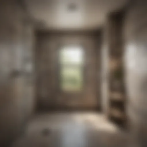 A beautifully designed farmhouse walk-in shower featuring natural stone tiles
