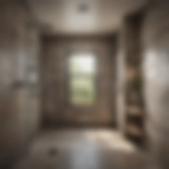 A beautifully designed farmhouse walk-in shower featuring natural stone tiles