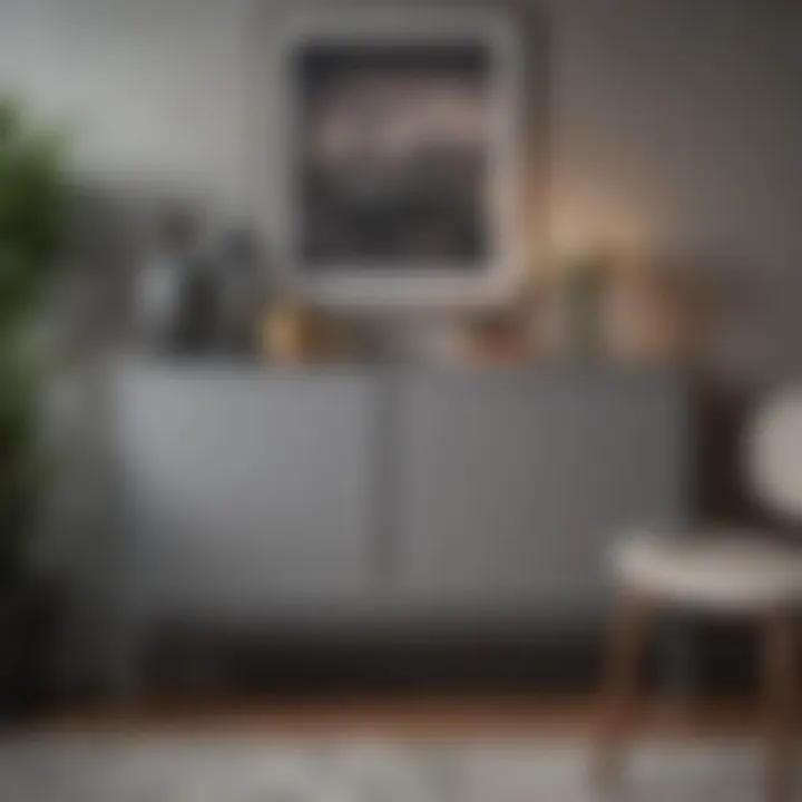 Gray sideboard table placed in a dining area enhancing the overall decor