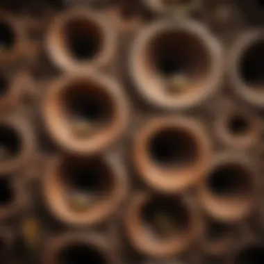 An array of different types of bee holes in a garden