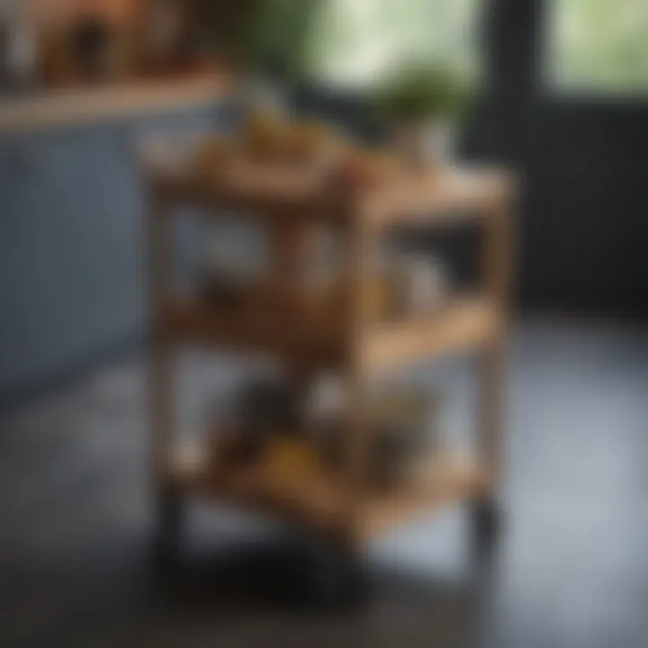 Stylish wooden skinny kitchen cart with decorative elements