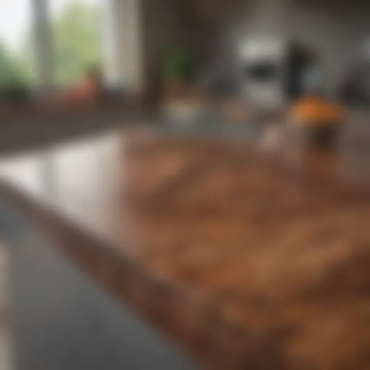 Close-up of materials and finishes used in triangular kitchen islands