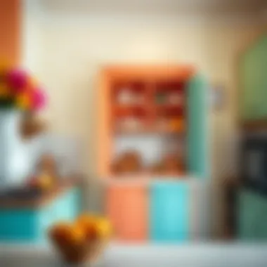 Brightly colored cupboard with open shelves in a cheerful kitchen