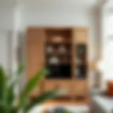 Elegant wooden cupboard with shelves and doors showcasing a modern living room