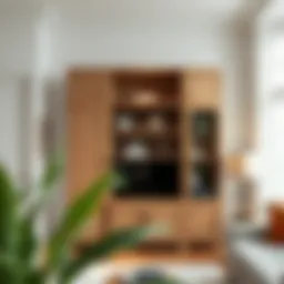 Elegant wooden cupboard with shelves and doors showcasing a modern living room