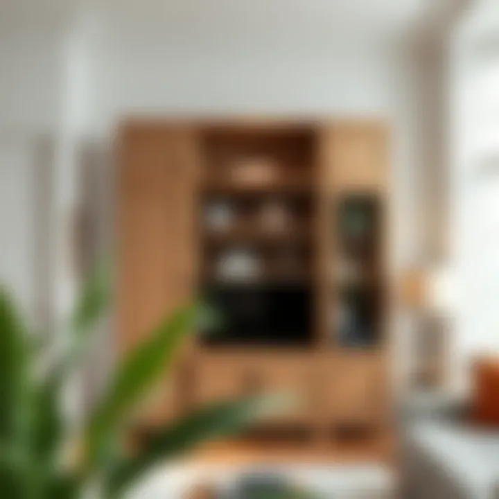 Elegant wooden cupboard with shelves and doors showcasing a modern living room