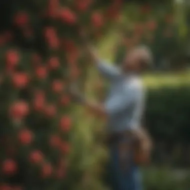 An expert gardener tending to climbing roses, illustrating proper care techniques and pruning methods