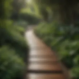An elegant wooden pathway winding through a lush garden