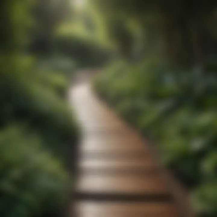 An elegant wooden pathway winding through a lush garden