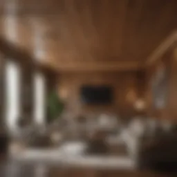 Elegant wood paneling ceiling in a modern living room