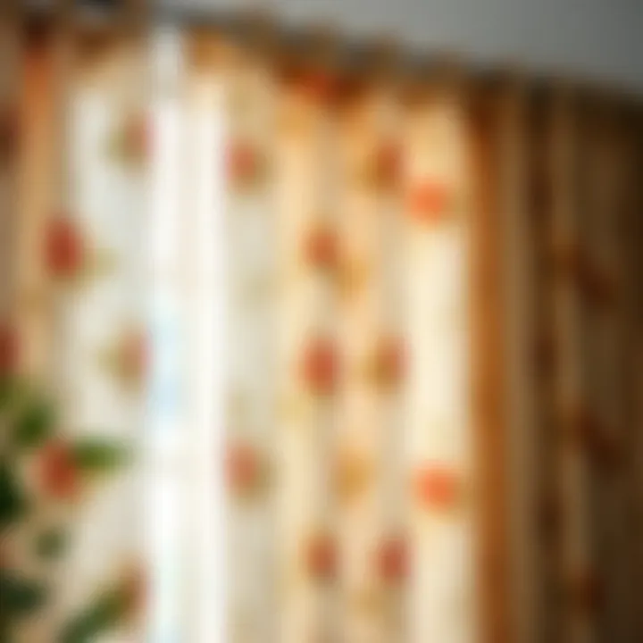 Natural Fabric Curtain Featuring Floral Patterns Close-up of natural fabric curtain with floral patterns