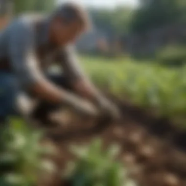 A gardener applying fertilizer to potato plants