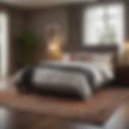 A beautifully arranged bedroom showcasing a large area rug that complements the decor.