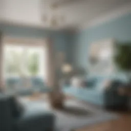 A serene living room painted in calming pastel blues.