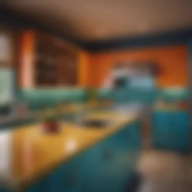Vibrant Contrast in Kitchen Color Design Colorful kitchen showcasing a vibrant contrast between countertops and cabinetry