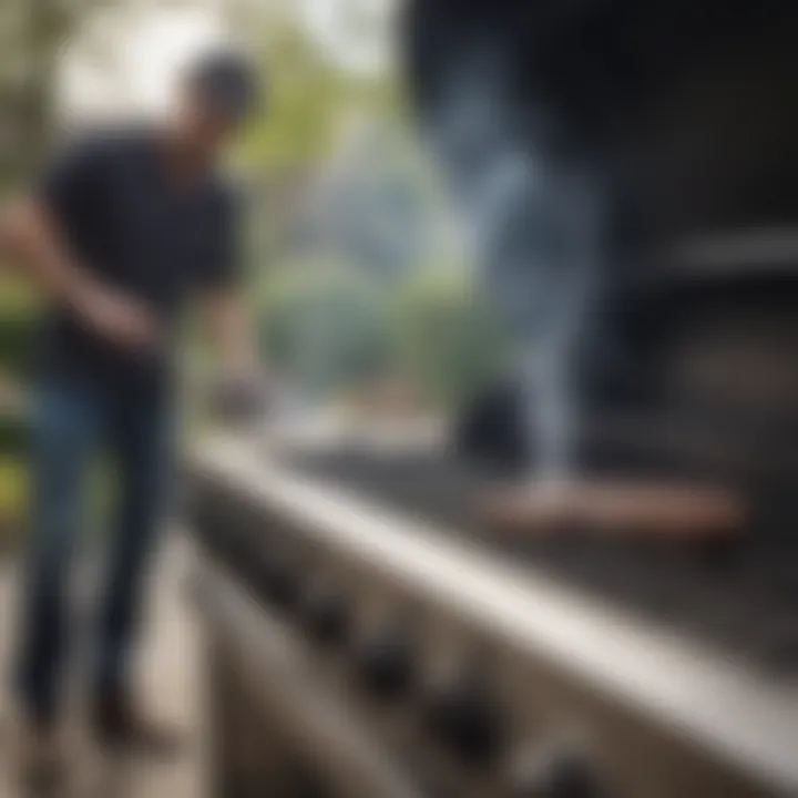 An outdoor BBQ grill being cleaned with a steam cleaner brush