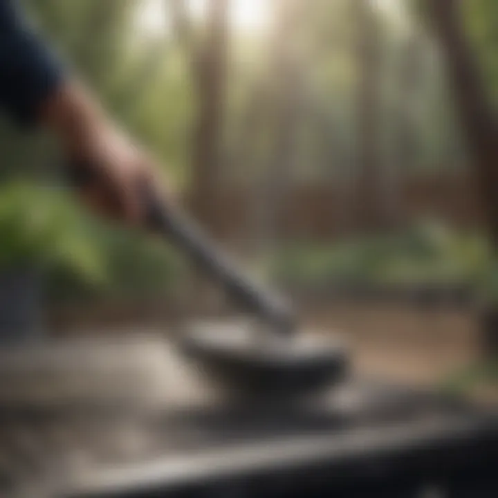 A person using a BBQ steam cleaner brush in a serene outdoor setting