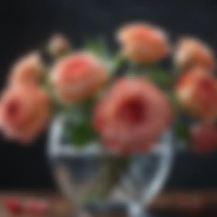 Freshly cut roses in a water-filled vase