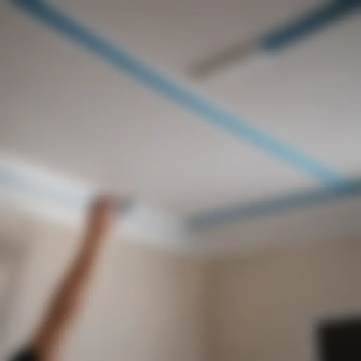 Properly applied painter's tape along the edge of a ceiling